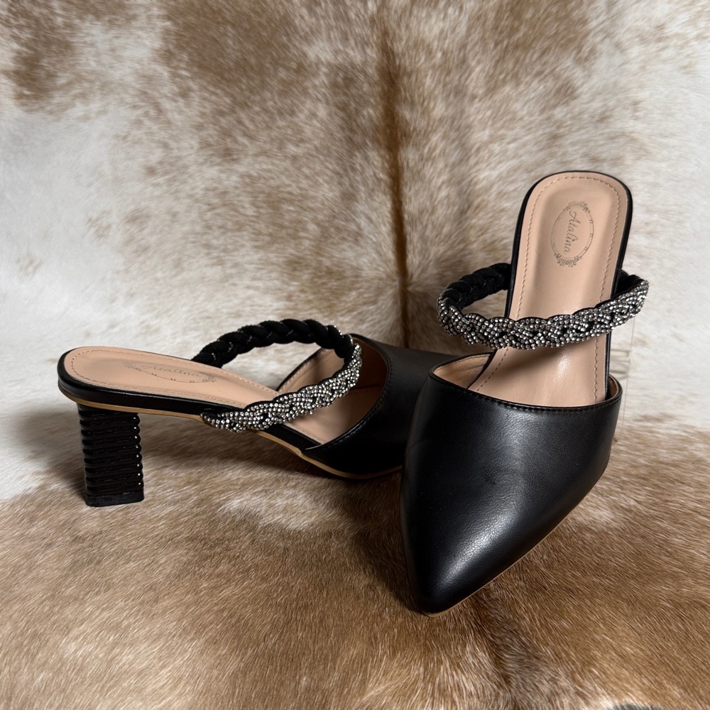 Atalina Pointed Toe Heeled Mules with Braided Crystal Accents Size 8.5 B75‎